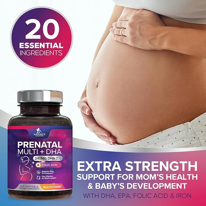 Prenatal Vitamins for Women with Folate & DHA, Prenatal Multivitamin Supports Brain Development with Folic Acid, Omega 3, Vitamin A, C, D, B6, B12 & Iron, Pregnancy Supplement, Non-GMO - 240 Softgels