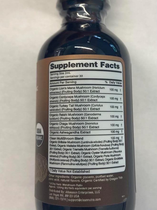 Mushroom Supplement Liquid Drops with Lions Mane Turkey Tail Cordyceps Reishi Chaga Shitake Maitake Tremella Oyster Mushrooms Poria Supplement and Enokitake Mushrooms Complex Blend by Clean Nutra