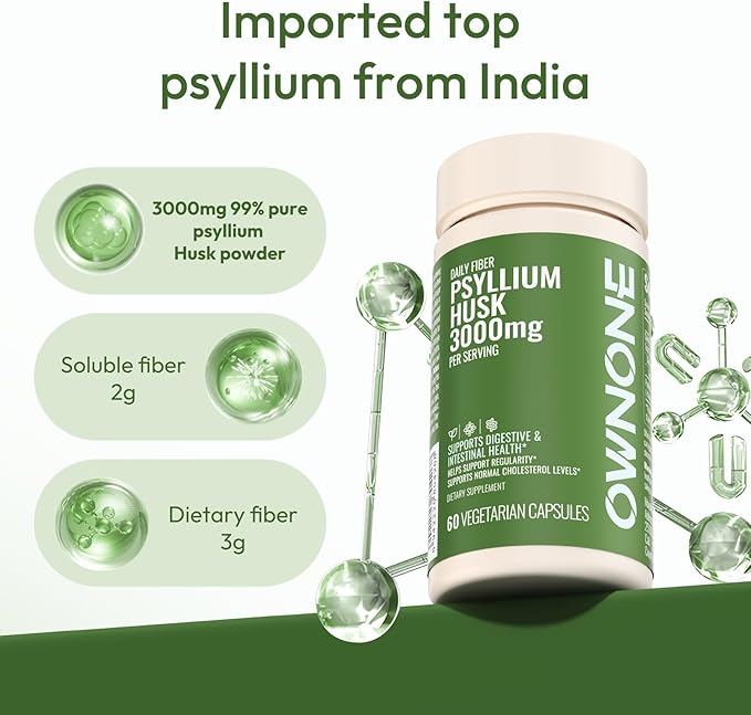 Psyllium Husk Capsules, Natural Fiber Supplement for Women & Men, 3000mg Psyllium Husk Powder per Serving, Vegan Colon Cleanser, Fiber Capsules for Overall Digestive Health, Easing Constipation