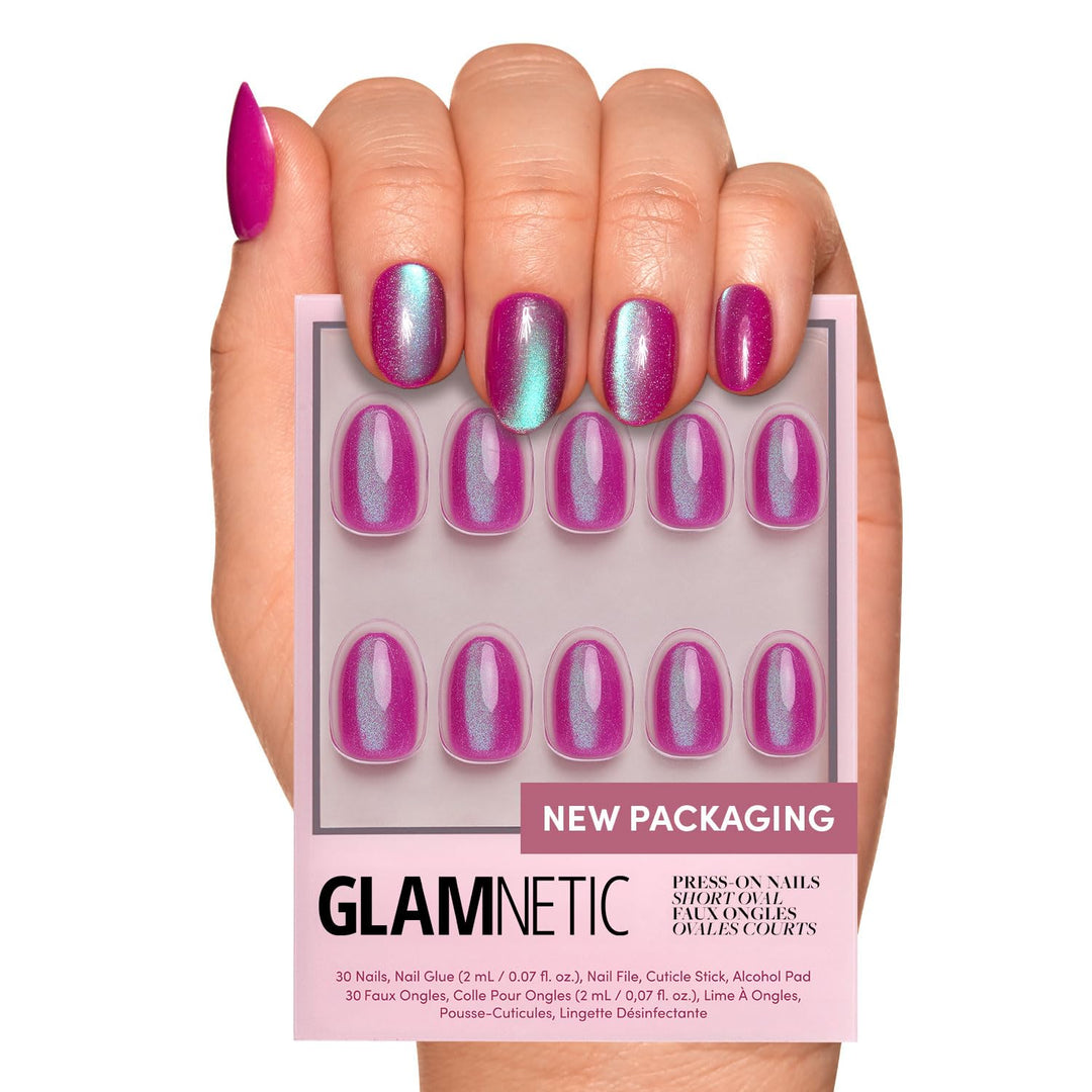 Glamnetic Press On Nails - Berry Fizz | Short Oval, Magenta Nails With A Mesmerizing Metallic Finish | 15 Sizes - 30 Nail Kit Wi