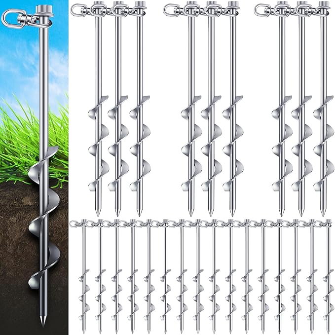 Zhengmy 24 Pcs Ground Anchors Screw in, 12 Inch Heavy Duty Tent Stakes with Trampoline Anchor Hook Ground Stakes for Camping Tent Canopies Ports Sheds Swing Sets Securing Animals (Silver)