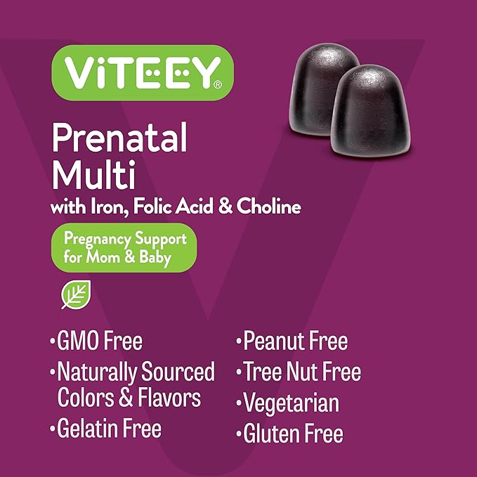 Viteey Prenatal Multi with Iron, Folic Acid & Choline Gummies - Prenatal Multivitamin with Iron, Choline and Folic Acid Gummies - Vegetarian, Gluten Free - Chewable Berry Flavored Prenatal for Women