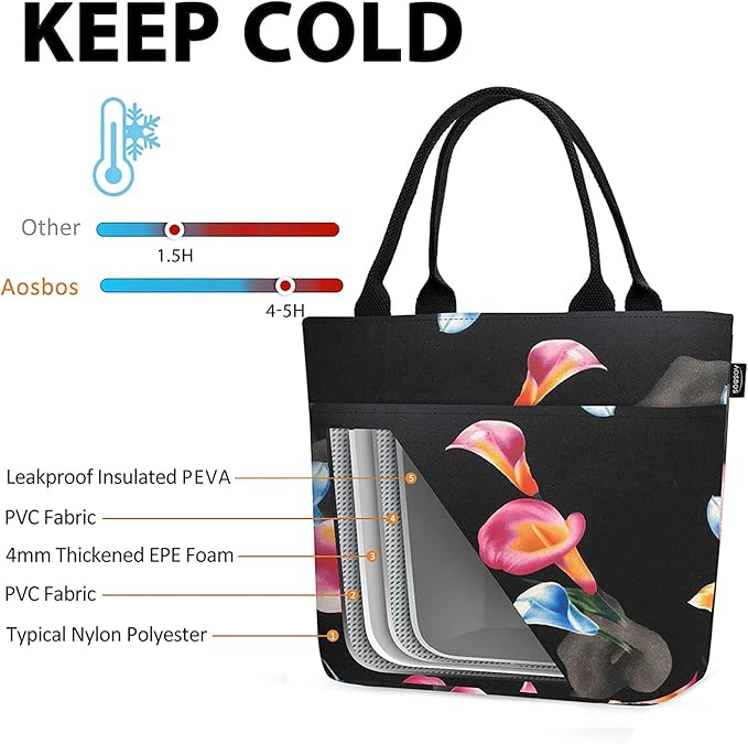 Aosbos Lunch Bags for Adult Lunch Box for Women Reusable Insulated Lunch Box Tote Bag Leakproof Lunch Bags Black Loncheras Para Mujer Lunch Tote Cooler Bag Insulated Bag Lunchboxes, Calla Lily