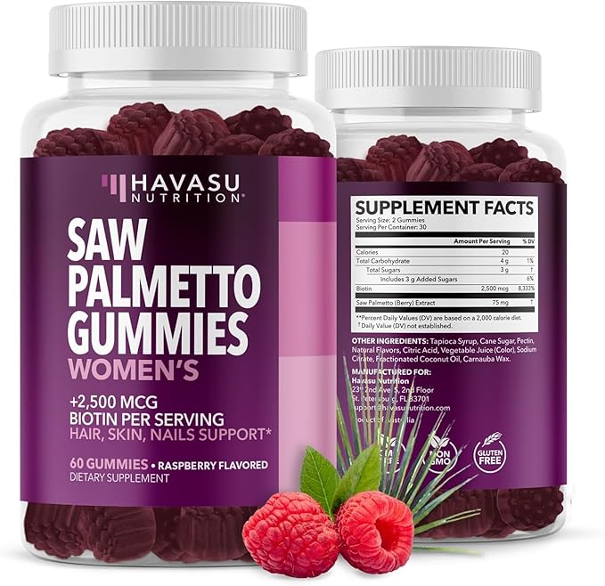 Saw Palmetto for Women with 2500mcg Biotin - DHT Blocker and Hair, Skin, Nail Health Gummies - 60 Count - Supports Stronger and Fuller Looking Locks and Radiant Skin - Vegan, Non-GMO, 1 Month Supply