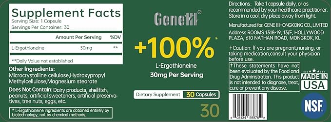 L-Ergothioneine Supplement, 30mg(EGT)/Serving, 6X Ergothioneine Mushroom Extract Supplements Longevity, Immune Support, Heart Health & Brain Supplement, Lab Tested, Made in USA (30 Servings)