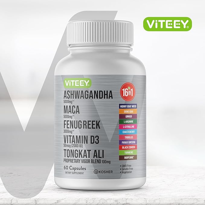 Ashwagandha 5000mg, Black Maca Root 5000mg, Fenugreek 3000mg, Vitamin D3 2,000 IU with Tongkat Ali & Proprietary Vigor Blend 100mg - Calm, Relax, Mood Support for Women & Men - 60 Capsules