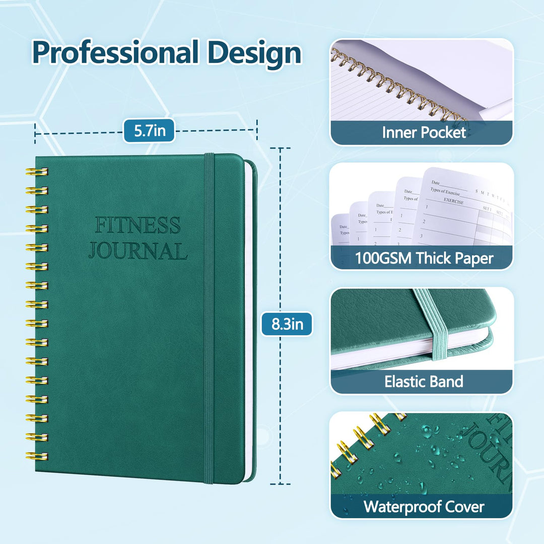 Fitness Journal-Workout Journal for Women & Men, Hard Cover Leather Fitness Planner, Workout Log Book With Gym Goals, Calendar, Progress Tracker, A5-5.7" x 8.3" - Green