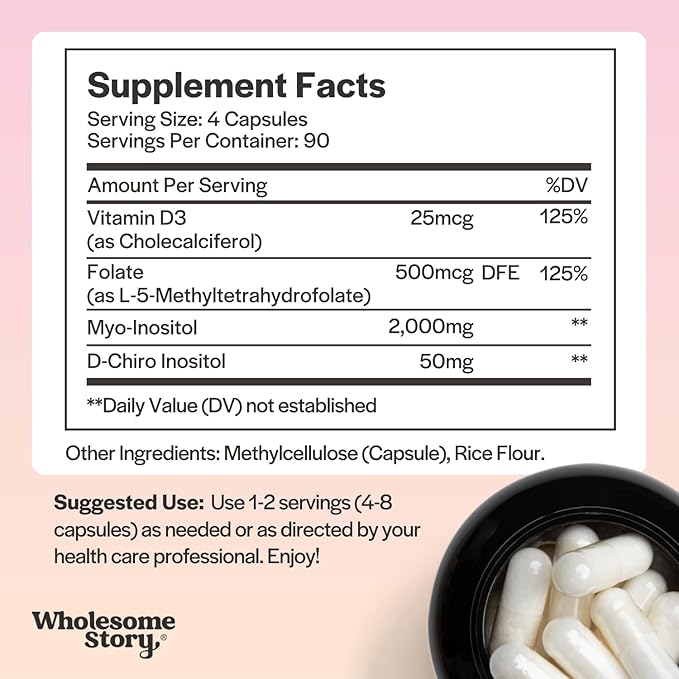 Myo-Inositol & D-Chiro Inositol Capsules with MTHF, Folate, Vitamin D | Support for Ovarian Function, Hormone Balance, & Homocysteine Levels | Fertility Supplements for Women | 360 Count 40:1 Ratio