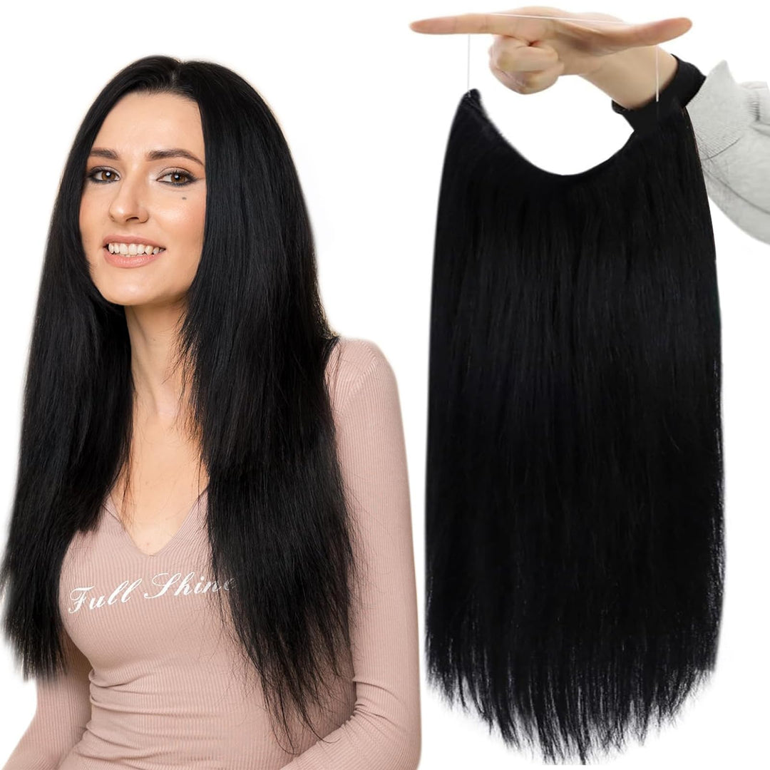 Fshine Invisible Wire Hair Extensions Jet Black Straight Wire Extensions Remy Human Hair One Piece Fish Line Clip Ins 12 Inch 70