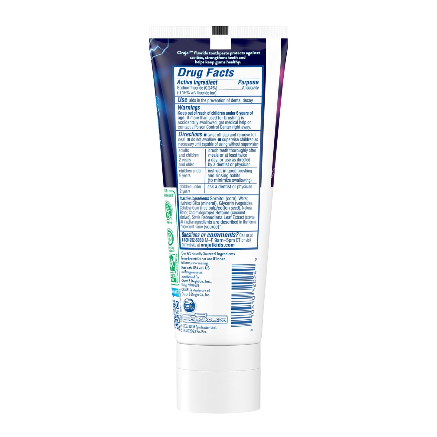 Orajel Kids Paw Patrol Anti-Cavity Fluoride Toothpaste, Natural Fruity Bubble Flavor, 4.2oz Tube (Pack of 2)