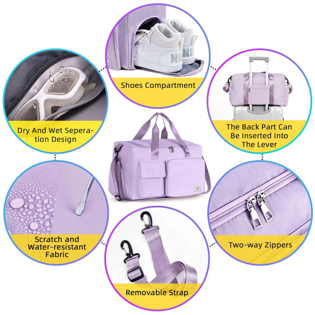 FIORETTO Women's Water-Resistant Gym Duffle Bag with Shoes Compartment, 37L Capacity, Multi-Functional, Ideal for Travel, Gym, Sports, Weekender, with Toiletry Bag, Light Purple