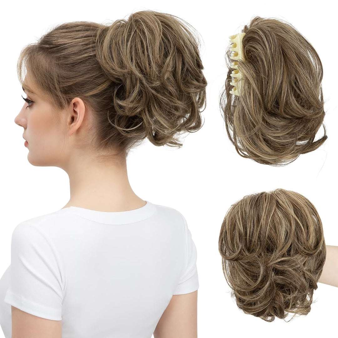 youngways Claw Clip Short Ponytail Messy Bun Hair Piece Bendable Hair Branch Extensions Fluffy Wavy Curly Synthetic Versatile Sandy Brunette Hairpieces