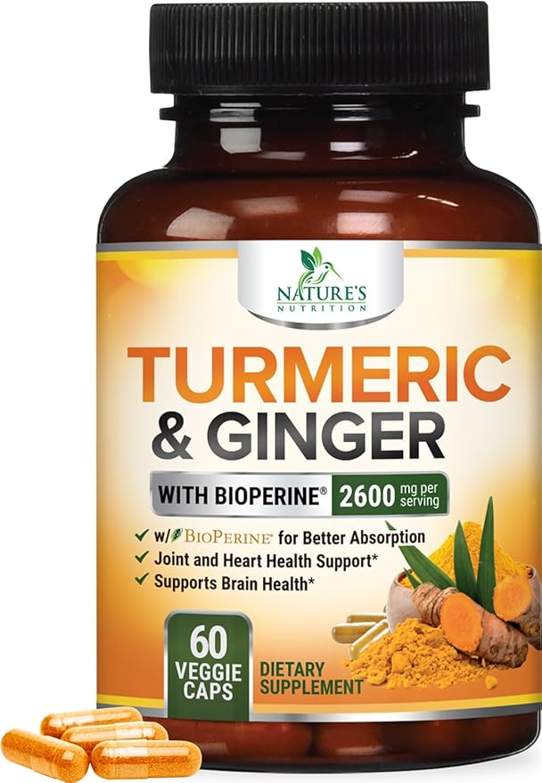 Turmeric Supplement Curcumin 2600mg - with Organic Ginger & Turmeric, BioPerine Black Pepper Extract 95% Curcuminoids - Advanced Absorption Antioxidant & Joint Support - Vegan - 60 Capsules