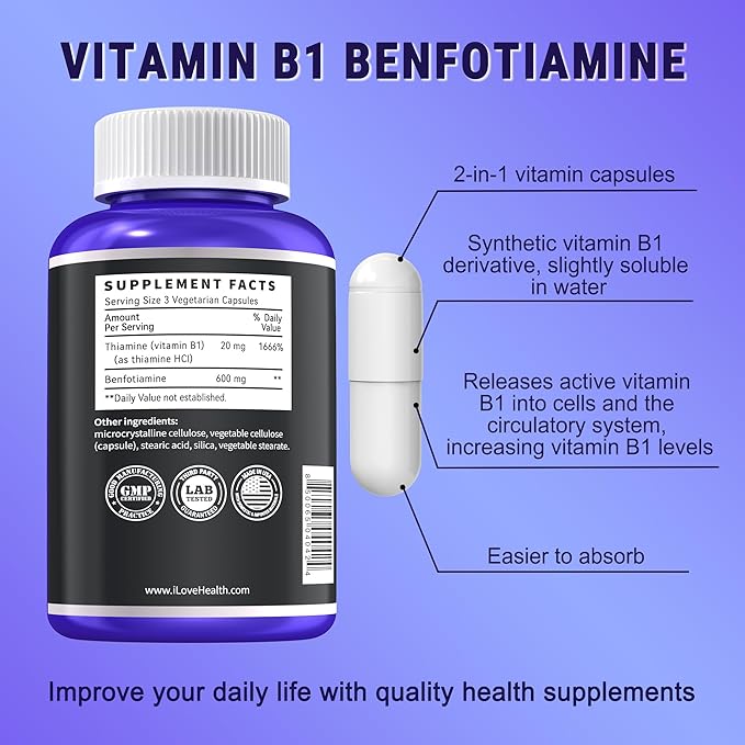 Benfotiamine 600mg Plus 20mg Vitamin B1 | 120 Veggie Capsules | Made in USA | 3rd Party Tested | Fat Soluble Essential Vitamin B1 Thiamine Supplement | Non-GMO | Gluten Free-Vegetarian Friendly
