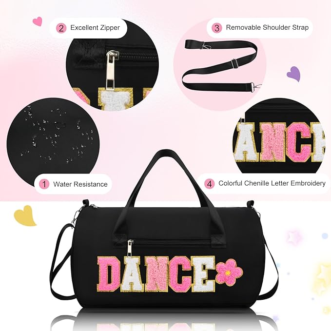 Dance Bag for Girls, KUIRAN 23L Waterproof Travel Duffel Bag with Colorful Chenille Letter, Lightweight Small Gym Sport Ballet Weekender Bag with Large Main Compartment - Black/White/Pink