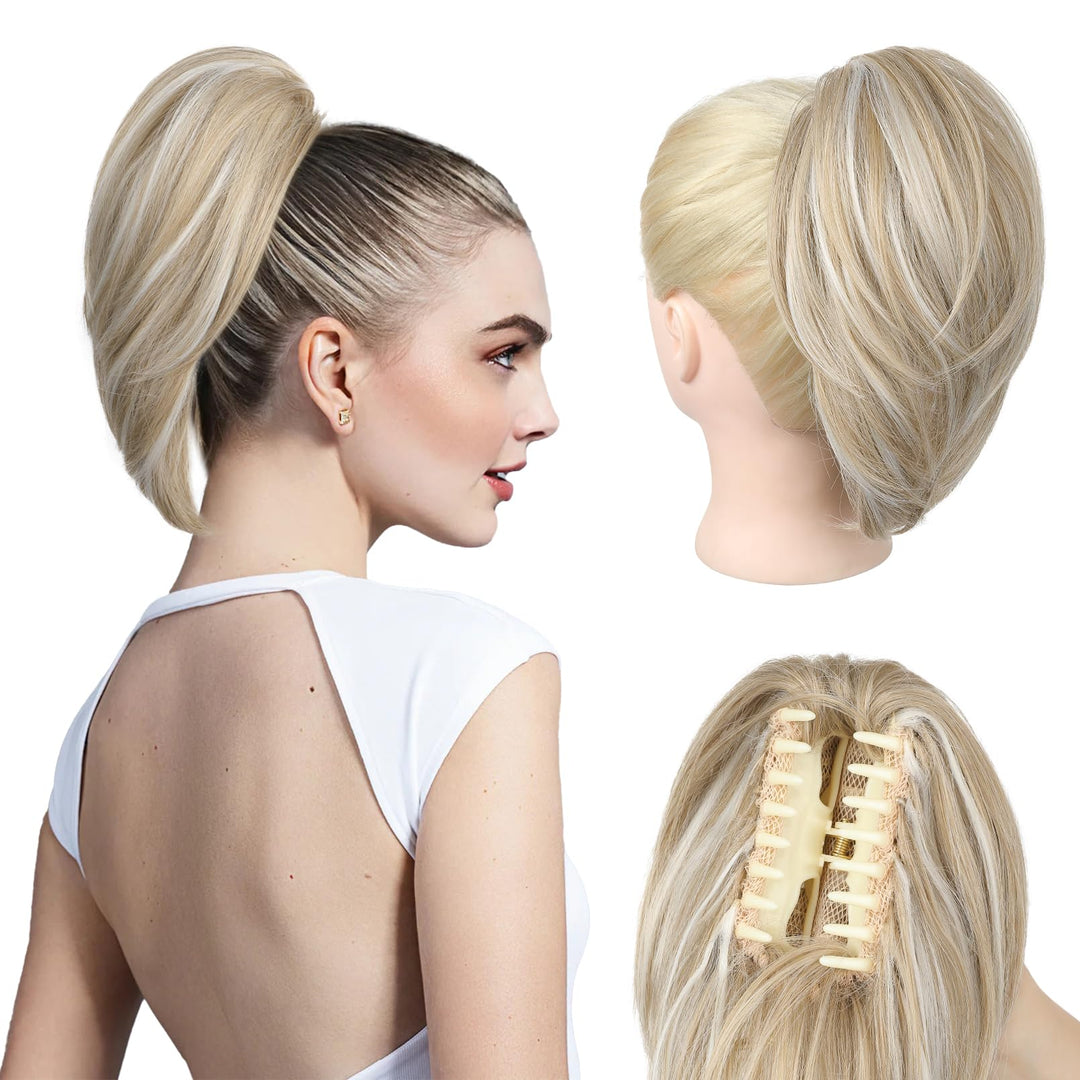 NTYNTY Ponytail Extension, 10" Short Claw Clip in Ponytail Hair Extensions Messy Bun Hair Piece Natural Soft Synthetic Straight Pony Tail Hair Pieces for Women - Ash Blonde with Highlights