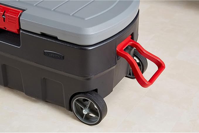 Rubbermaid ActionPacker 35 Gallon, Made in USA, Lockable Plastic Storage Bin with Lid and Wheels- Outdoor, Industrial, Rugged, Camping Gear and Truck Bed Storage - Gray and Black