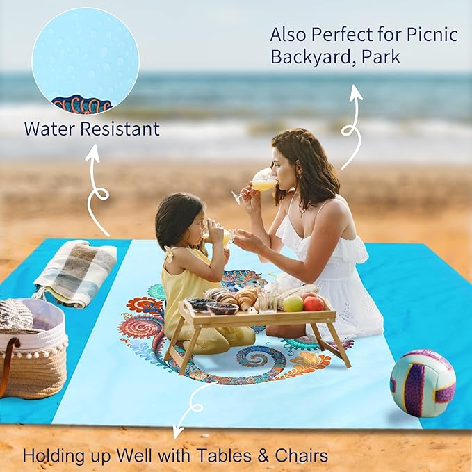 Large Beach Blanket Waterproof Sandproof 108"x 82" for 1-6 Adults,Quick Drying Beach Mat,Lightweight & Durable,Beach Essentials for Family Beach Camping Travel Picnic