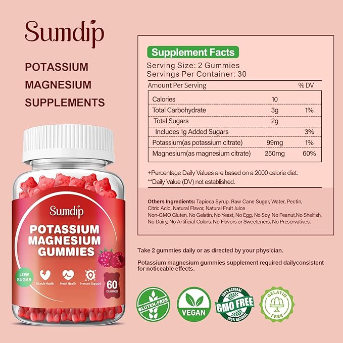 Potassium Magnesium Gummies Potassium Supplements High Absorption Potassium Citrate Magnesium Citrate, Support Leg Cramps Muscle Relaxation for Men and Women 60 Gummies, Raspberry