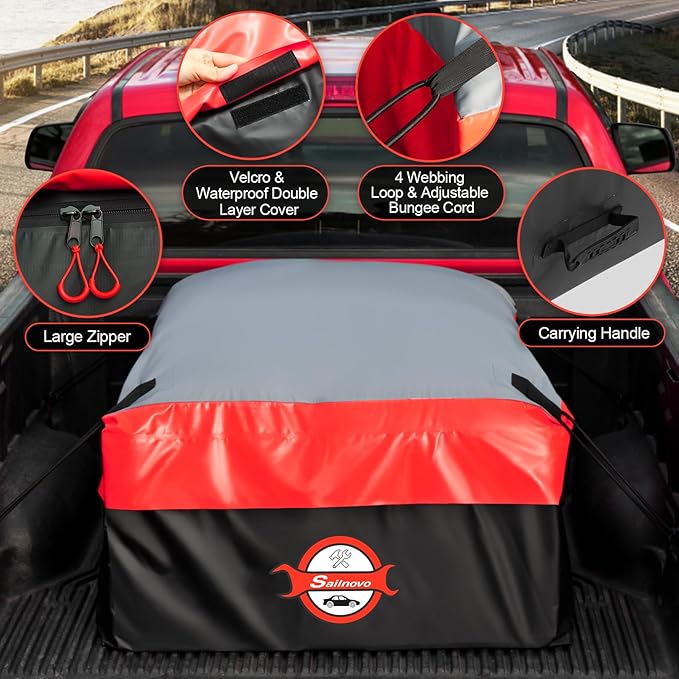 Sailnovo Truck Bed Cargo Bag, 26 Cubic ft 100% Waterproof Cargo Bag for Truck Bed, Heavy Duty PVC Truck Cargo Bag Fits Any Truck Size with 4 Stretch Cord, Packing Bag (50''x40''x22'') Red