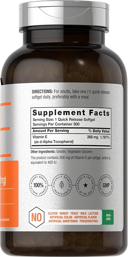 Horbäach Vitamin E Softgel Capsules | 400 iu | 268mg | 300 Count | Non-GMO and Gluten Free Naturally-Sourced Formula | D-Alpha Tocopherol