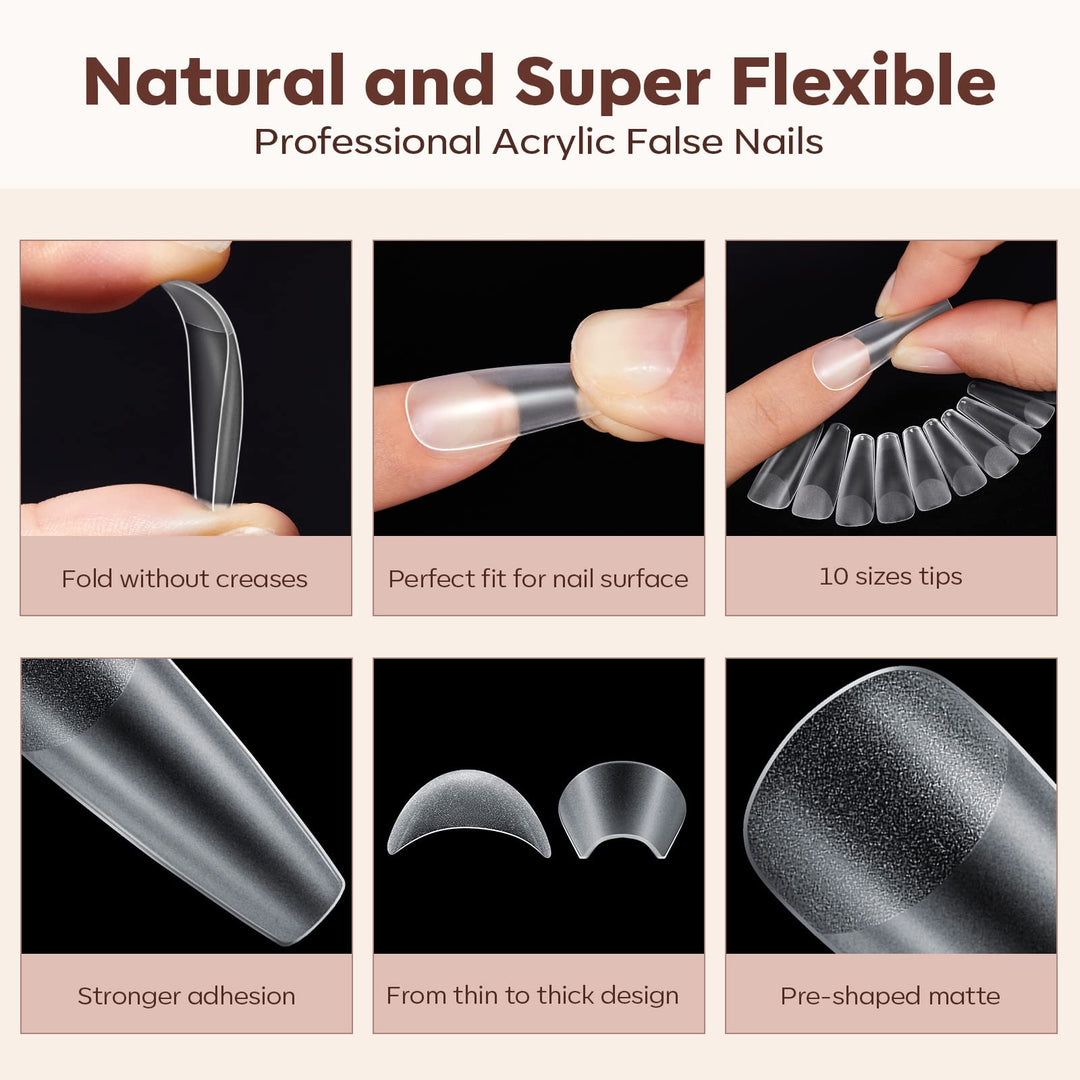 Modelones Long Coffin Nail Tips Fake Nails Gel Tips Full Matte Cover More Friction for Acrylic Professional Extension Gel Manicure Art Design 10 Sizes