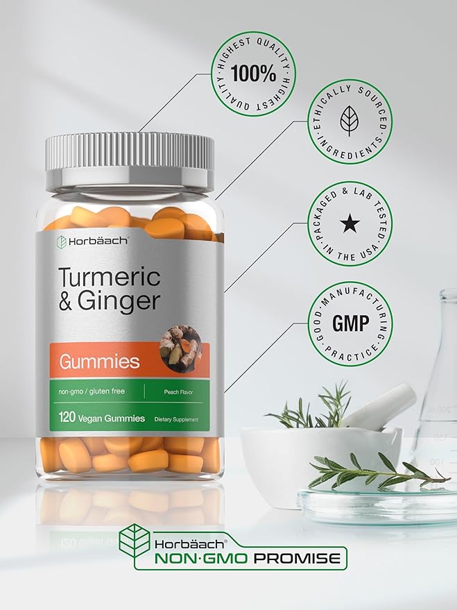 Horbäach Turmeric and Ginger Gummies | 120 Count | Peach Flavor | Vegan Non-GMO & Gluten Free Supplement