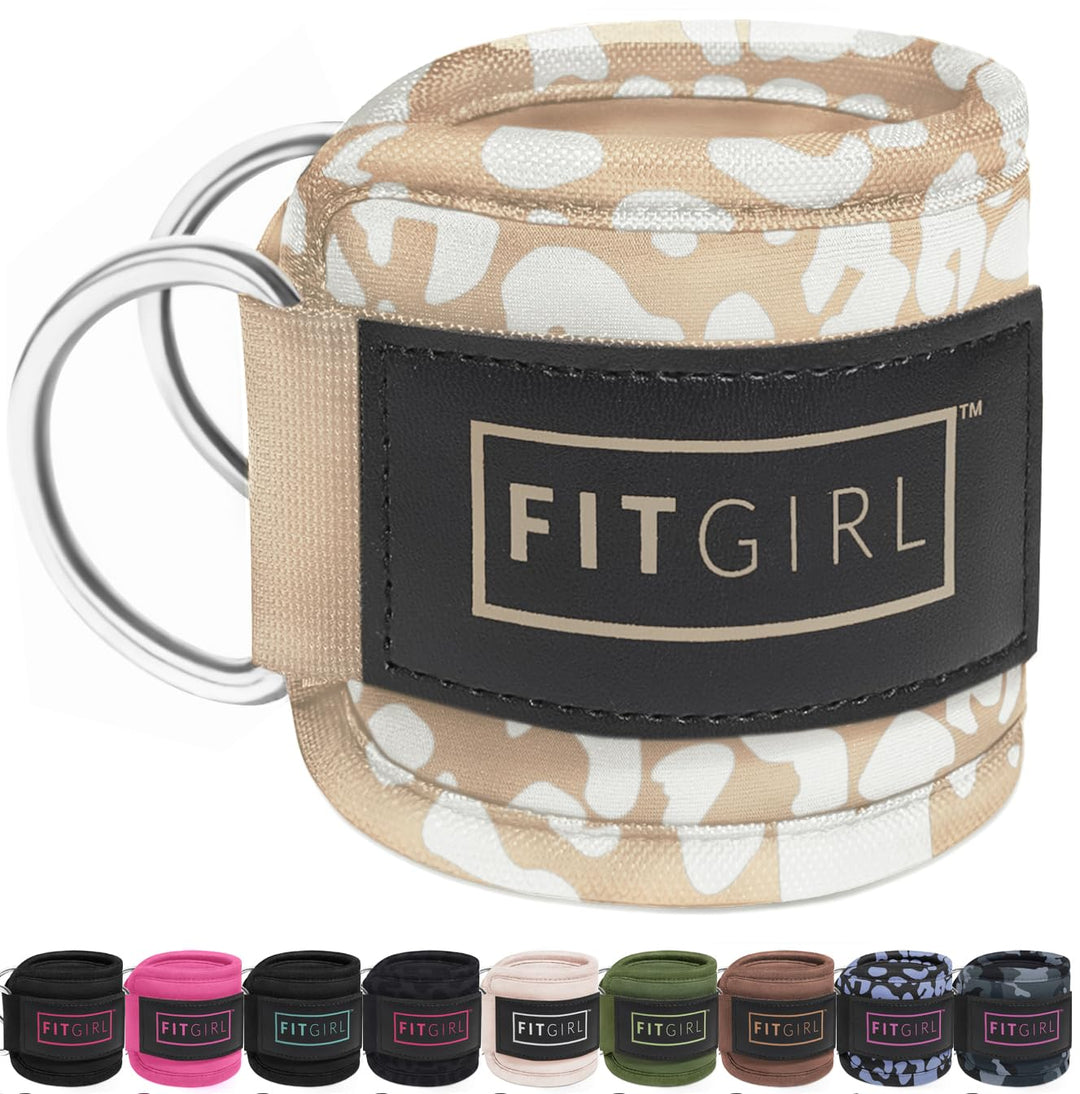 FITGIRL - Ankle Strap for Cable Machines and Resistance Bands, Work Out Cuff Attachment for Home & Gym, Glute Workouts - Kickbacks, Leg Extensions, Hip Abductors, Women Only (Beige Leopard, Pair)