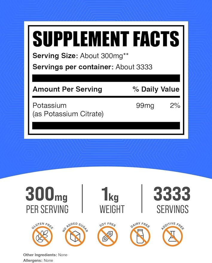 BulkSupplements.com Potassium Citrate Powder - Potassium Citrate Supplement, Potassium Powder, Potassium 99mg - Gluten Free, 300mg per Serving, 1kg (2.2 lbs) (Pack of 1)