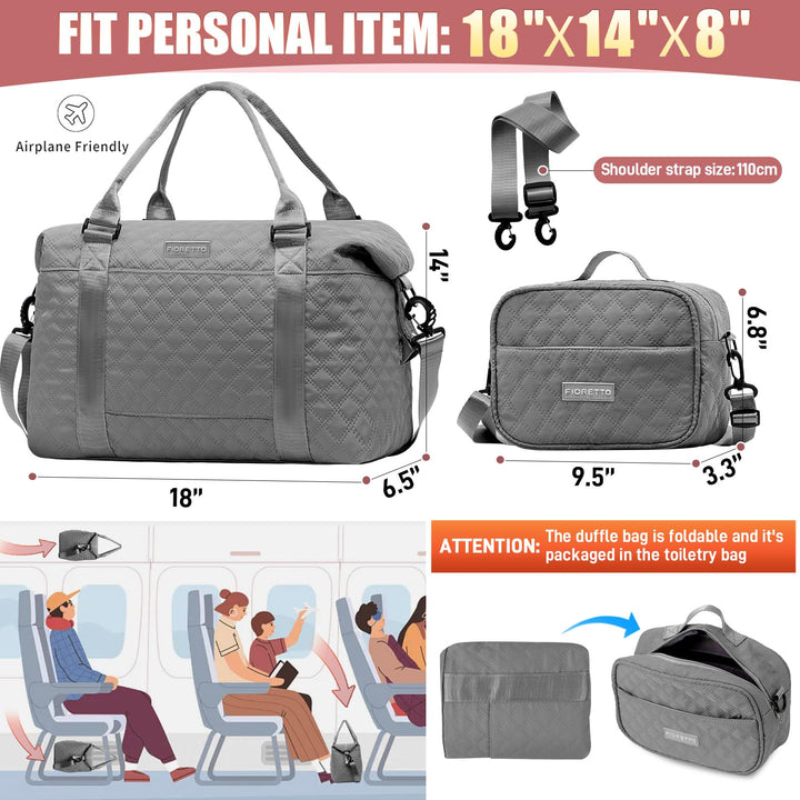 FIORETTO Women's Water-Resistant Travel Gym Duffle Bag with Detachable Strap, Multi-Functional, Ideal for Travel, Gym, Sports, Weekender, DUffel, with Toiletry Bag, Grey