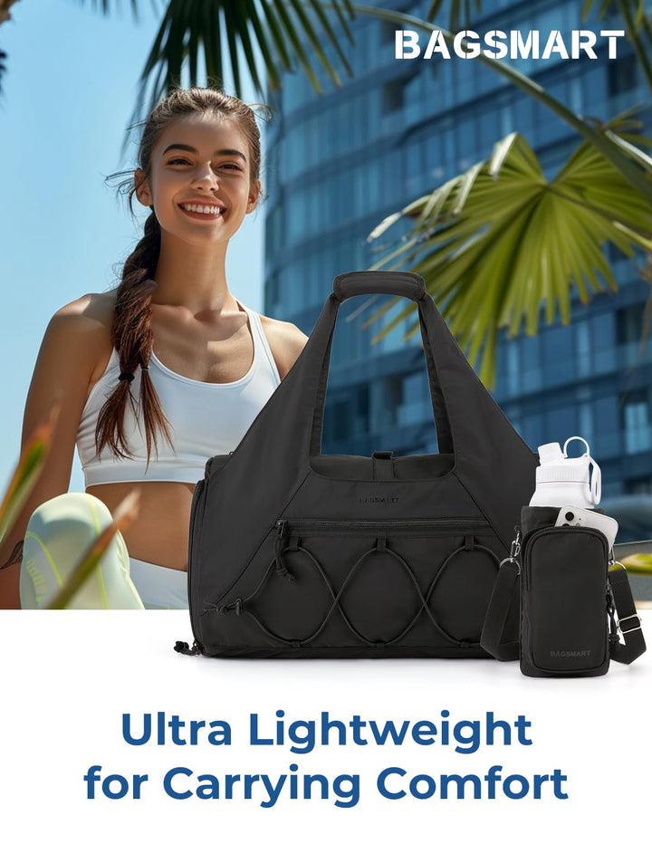 BAGSMART Gym Bag for Women, Lightweight Duffel Bag with Shoe Compartment, Weekender Bags with Wet Pocket, Workout Yoga Tote Bag for Women, Black
