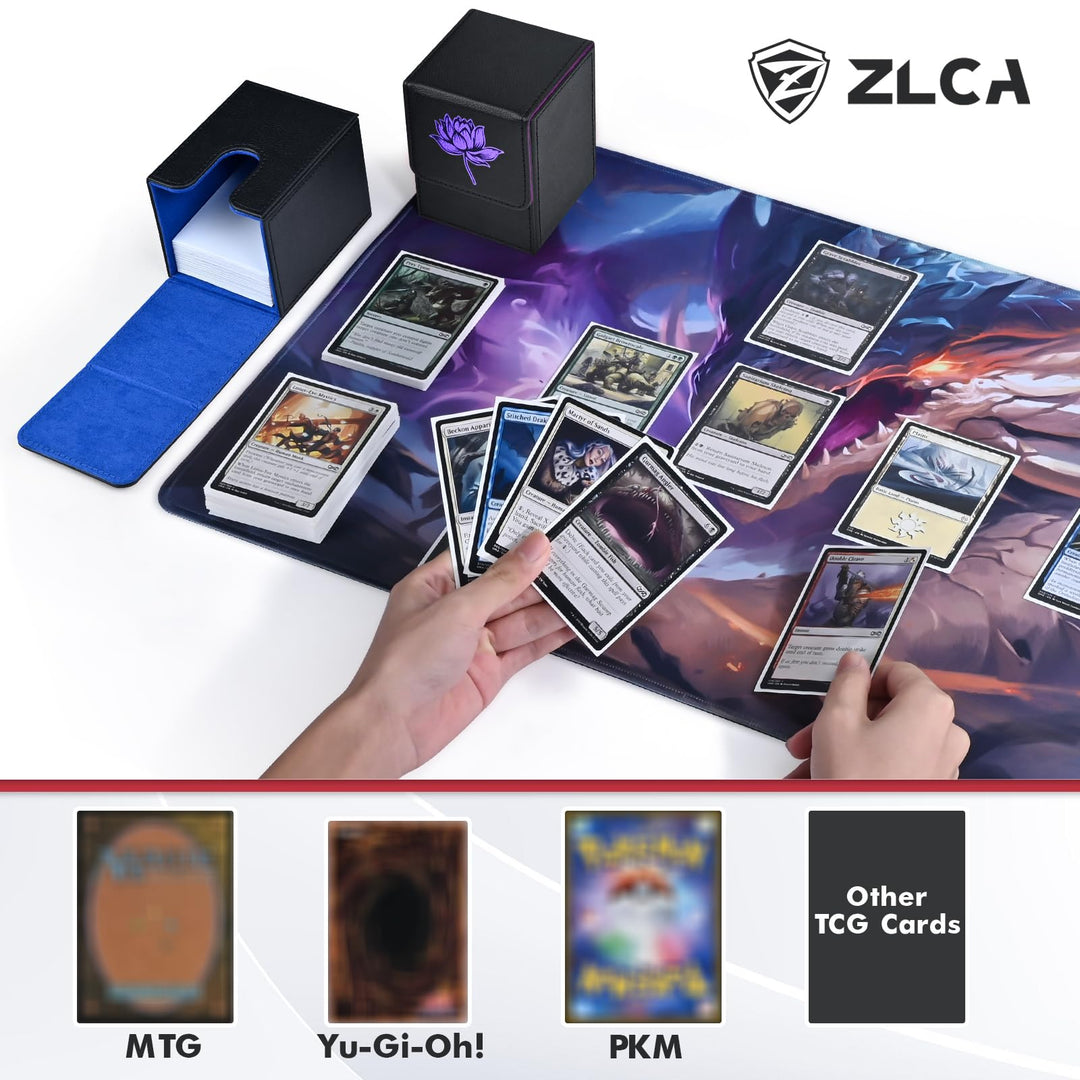 ZLCA Card Deck Box for MTG Cards with 2 Dividers, Card Storage Box Fits 100+ Single Sleeved Cards, PU Leather TCG Card Deck Case Holder for Magic Commander Yugioh (Black&Blue,Lotus)