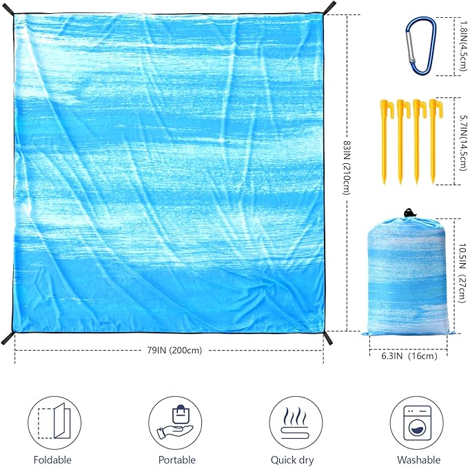 Beach Blanket Waterproof Sandproof Beach Mat 79" X 83" /10'x9'for 2-8 Adults Quick Drying Outdoor Picnic Mat Beach Accessories for Travel, Camping, Hiking