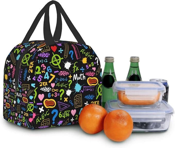 Imiss Math Education Lunch Bag Colorful Formulas Calculations Lunch Box with Front Pocket Reusable Thermal Cooler Bag for School Work Picnic Travel Meal Prep Bag
