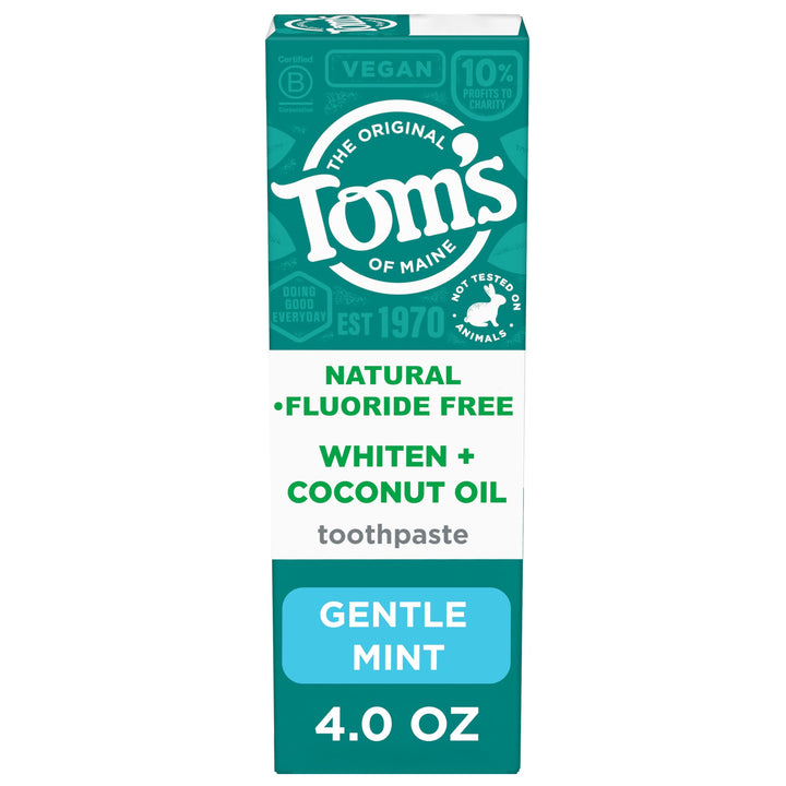 Tom’s of Maine Whiten Plus Coconut Oil Fluoride Free Toothpaste, Natural Whitening Toothpaste with Coconut Oil and Plant-Based Cleansers, Whitens Without Causing Sensitivity, Gentle Mint, 4.0 Oz