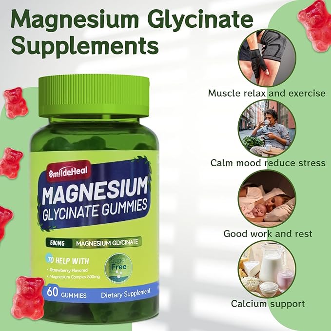 Magnesium Glycinate Gummies 500mg with L-Threonine 300mg - Sugar-Free Magnesium Potassium Supplement with Vitamin D, B6, CoQ10 - Strawberry Flavored - 120 Gummies