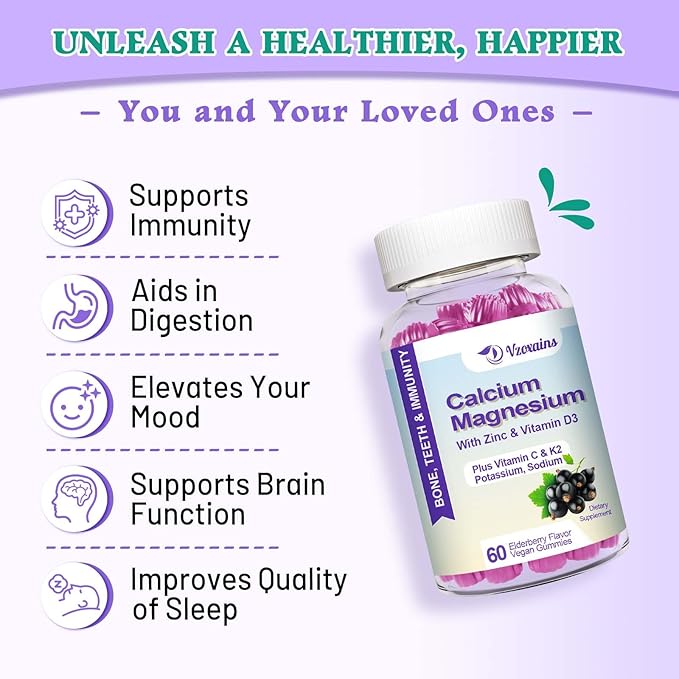 High Absorption Calcium Gummies, Sugar Free Calcium Magnesium Supplement with Potassium Vitamin D3 for B0ne & Teeth Strength, Muscle Function - Vegan, Elderberry Flavor 120 Cts