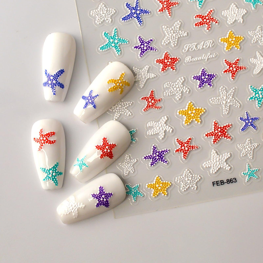 5D Embossed Starfish Nail Art Stickers Starfish Nail Stickers Colorful Ocean Nail Decals Self-Adhesive with Beach Designs Summer Nail Supplies for Women Girls Acrylic Nails DIY Manicure