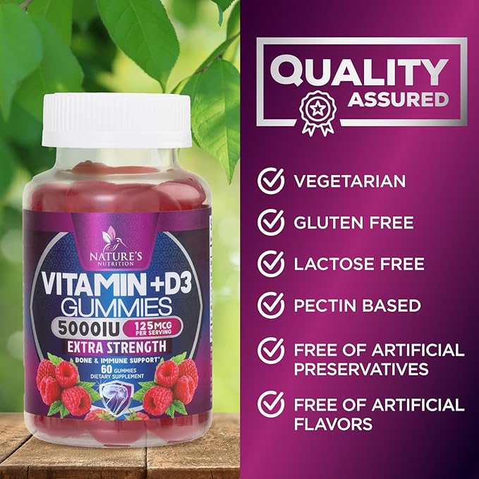 Vitamin D3 Supplement Gummy 5000 IU (125 mcg) Dietary Vitamins D for Men & Women - Bone, Teeth, Muscle and Immune Health Support, High Potency VIT D3 Nature's Non-GMO & Gluten Free - 60 Gummies