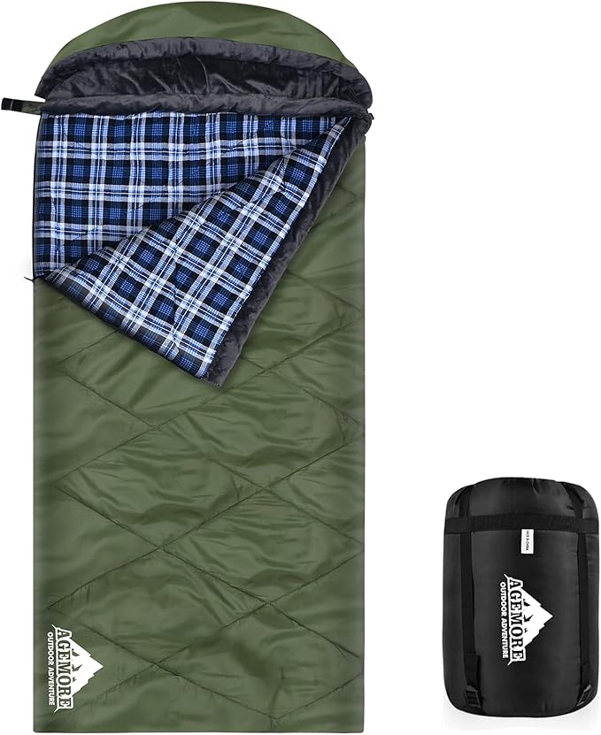 AGEMORE Cotton Flannel Sleeping Bag with Fleece Lined Hood, Waterproof XL Sleeping Bag for Adults, for Cold Weather Camping Backpacking or Hiking, 3-4season with Compression Sack