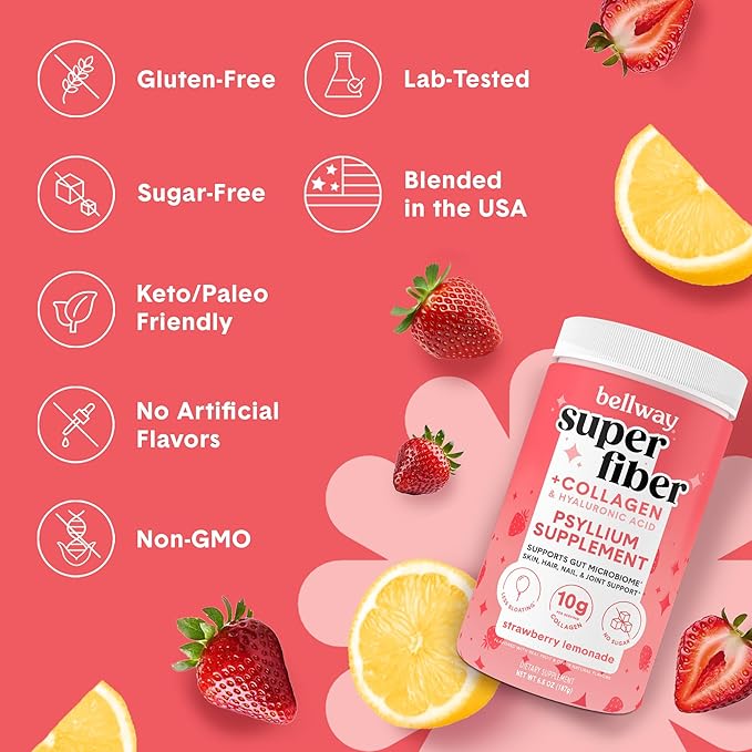 Bellway Super Fiber Powder + Collagen, Sugar-Free Psyllium Husk Powder with Hydrolyzed Collagen Peptides for Gut Health, Healthy Skin, Nails, Bones & Joints, Strawberry Lemonade & Watermelon Bundle