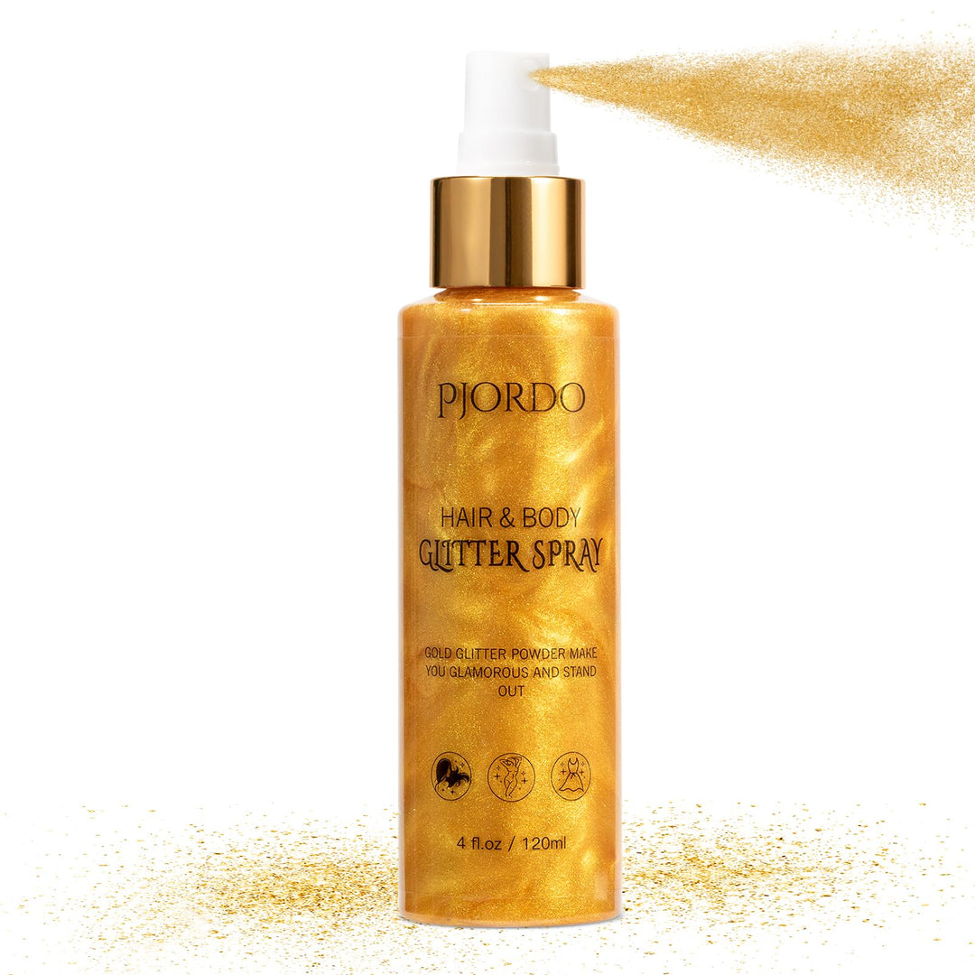 Pjordo Body Glitter Spray, Shimmer Spray, Gold Glitter for Hair and Body, Glitter Hairspray, Spray for Women Makeup Party Festival Rave 4FL.OZ