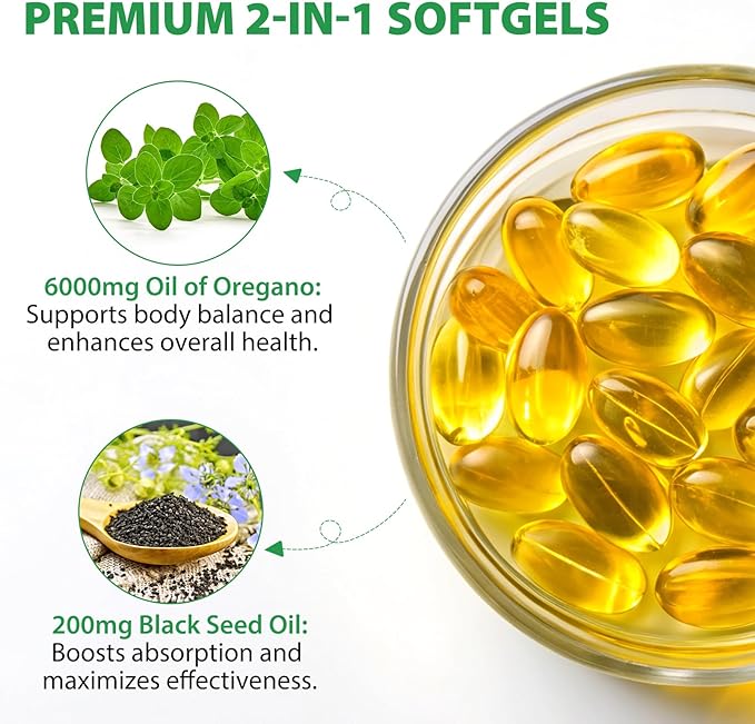 Oil of Oregano 6000mg, Organic Oregano Oil with Black Seed Oil (120 Softgel - 2 Month Supply), Antioxidant & Immune Support, Plant Based, Non-GMO