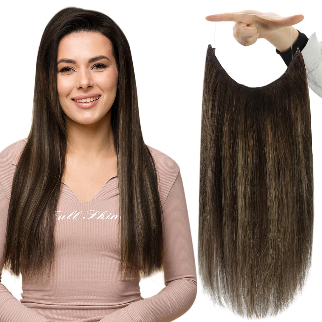 Fshine Wire Extensions Remy Human Hair 12 Inch Color Dark Brown Mix Ash Brown Ombre Fish Line Hair Extension Hidden Wire Hair Extensions Clip in One Piece Secret Hairpiece for Women 70G
