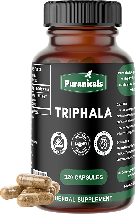 Triphala Premium 320 Capsules Non-GMO and Gluten Free | Herbal Supplement | 600 mg Per Serving | Made with Amla Bibhitaki Haritaki Powder