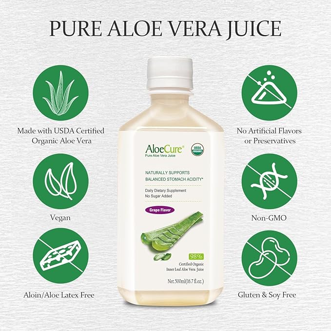 AloeCure Organic Aloe Vera Juice - 12 Bottle Sample Pack - Grape, Lemon, Natural Flavor, 12x500ml