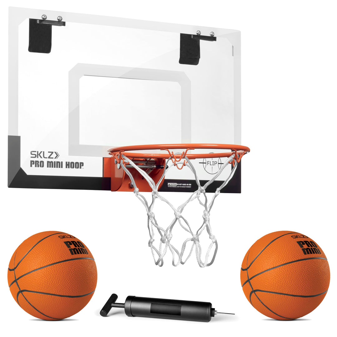 SKLZ Pro Mini Hoop Flip Over-The-Door Basketball Hoop with Flip-up Rim + SKLZ Pro Mini Hoop 5-inch Foam Basketball, Orange