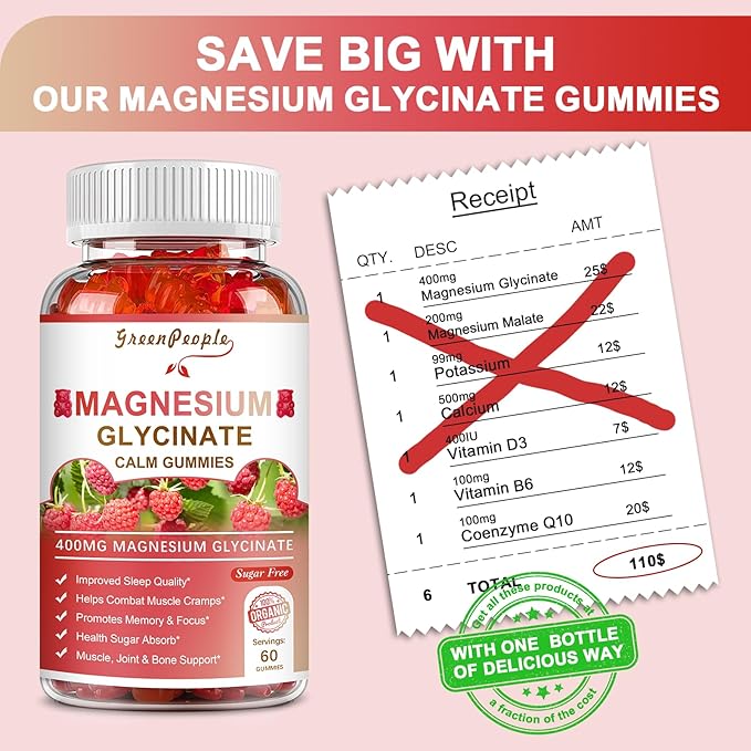 Magnesium Glycinate Gummies 400mg - Sugar Free Magnesium Potassium Supplement with Magnesium Malate, Vitamin D, B6, and CoQ10 for Calm Support & Sleep for Adults - Raspberry Gummies