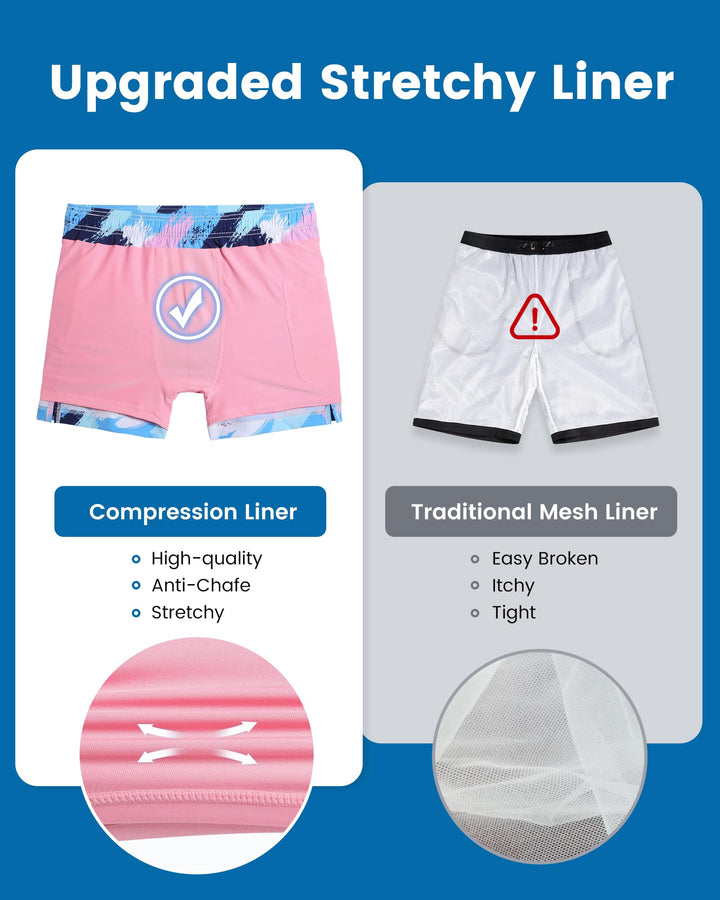 maamgic Mens Swim Trunks with Compression Liner 5" Stretch Athletic Swimming shorts Quick Dry with Zipper Pockets No-Chafing Board Shorts Blue Pink Texture Painting X-Small