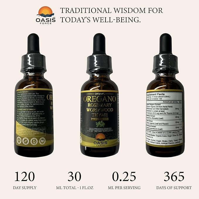 Oasisforce Organic Oil of Oregano Liquid Drops with 75% High Carvacrol – Wild Mediterranean Oregano Herbal Supplement for Immune & Digestive Health, Vegan, Sugar-Free, Alcohol-Free, Non-GMO, 1 FL OZ